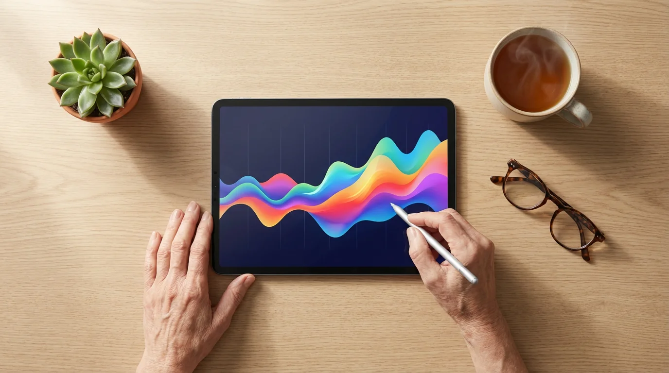 Flat lay of a tablet, notebook, and tea for an online retirement course.