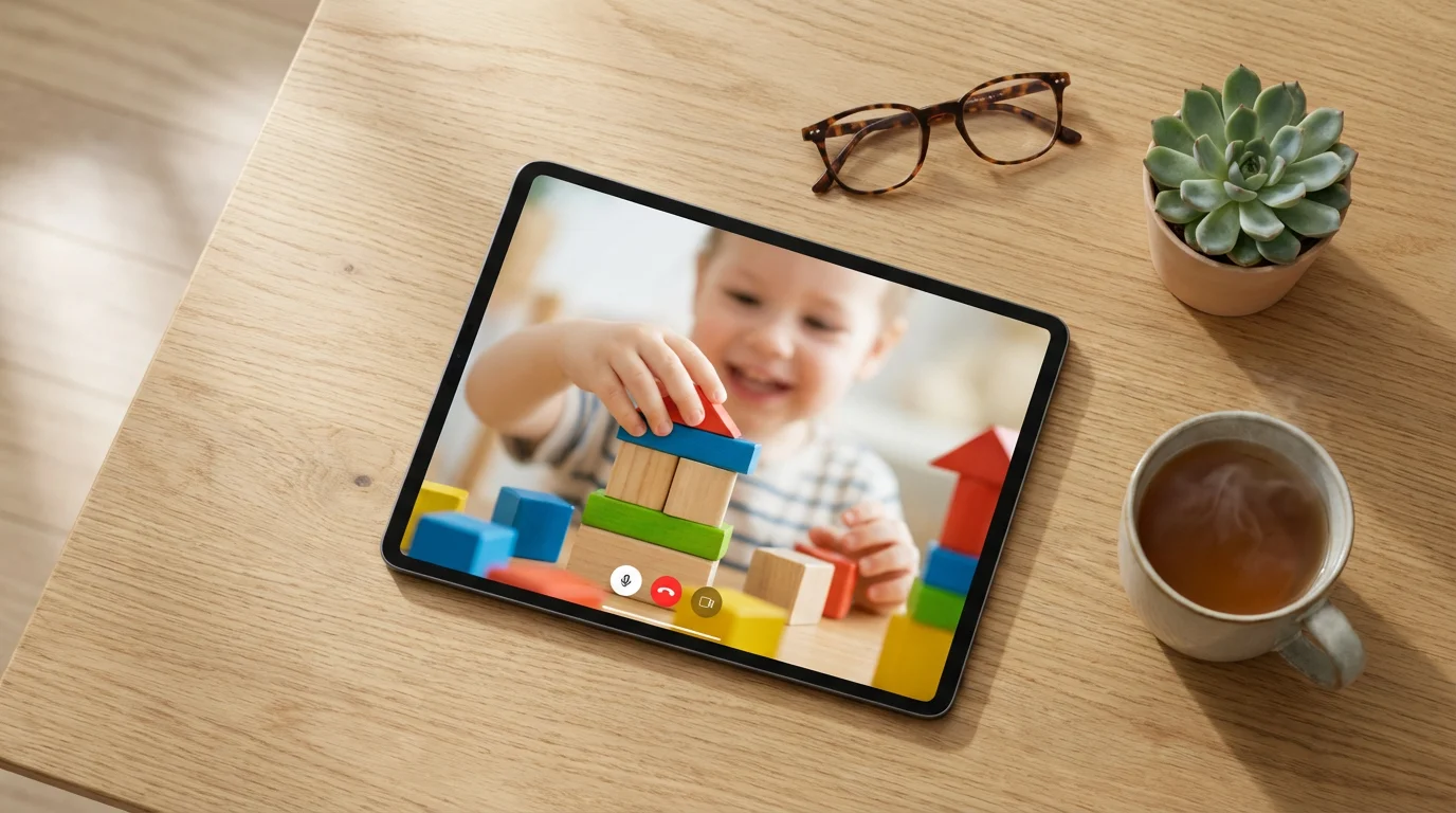 Flat lay of a tablet on a wooden table showing a video call with a child.