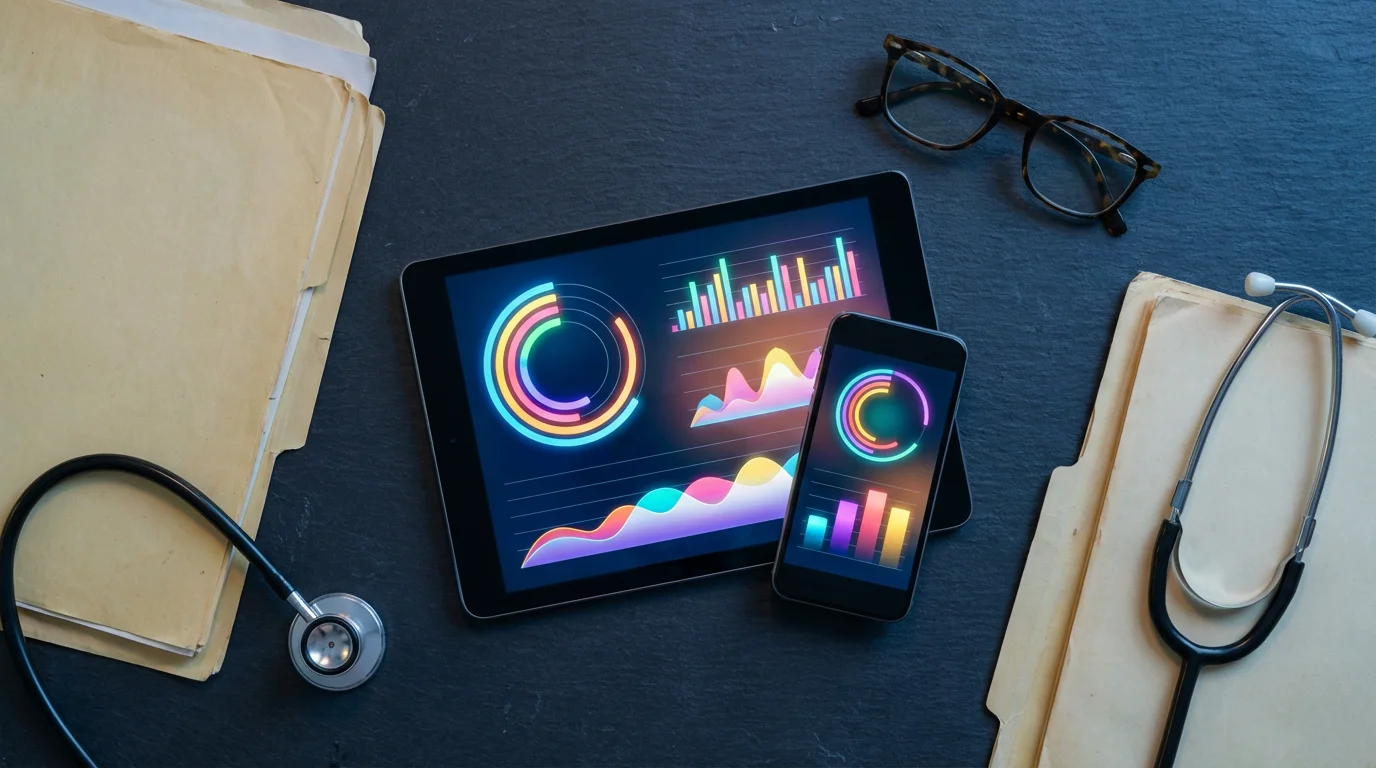 Flat lay of a tablet, smartphone, and paper medical records on a slate surface.