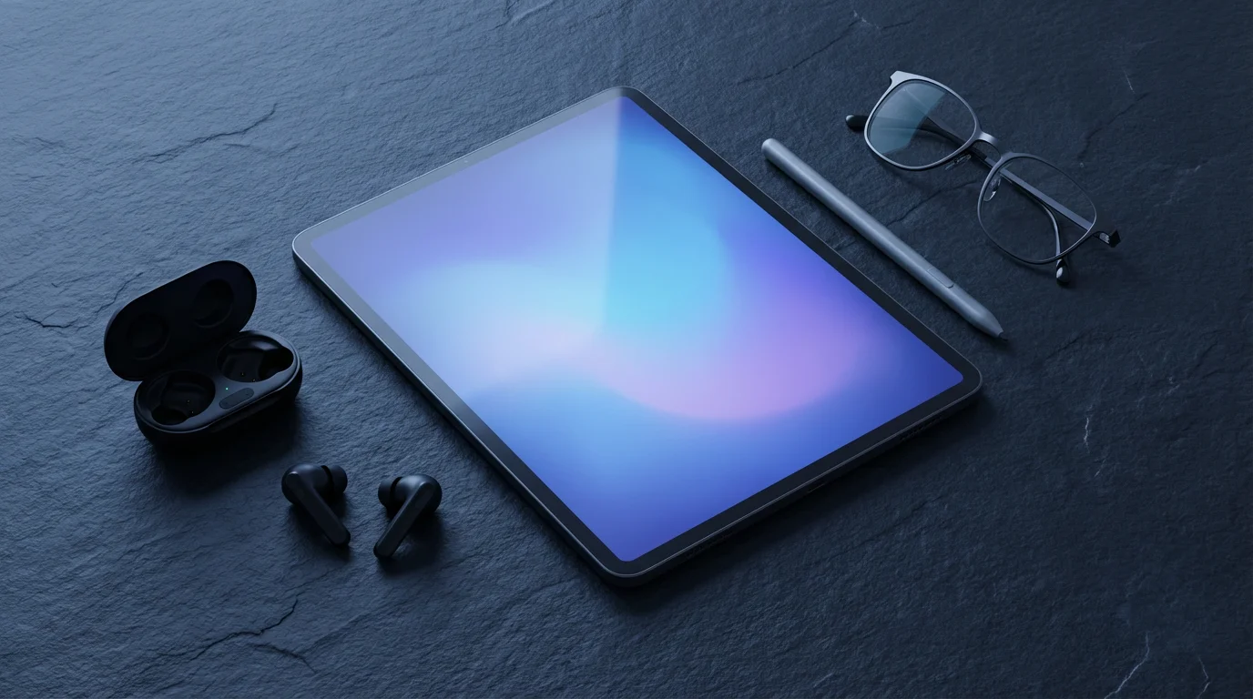 Flat lay of a tablet, stylus, earbuds, and glasses on a dark surface.