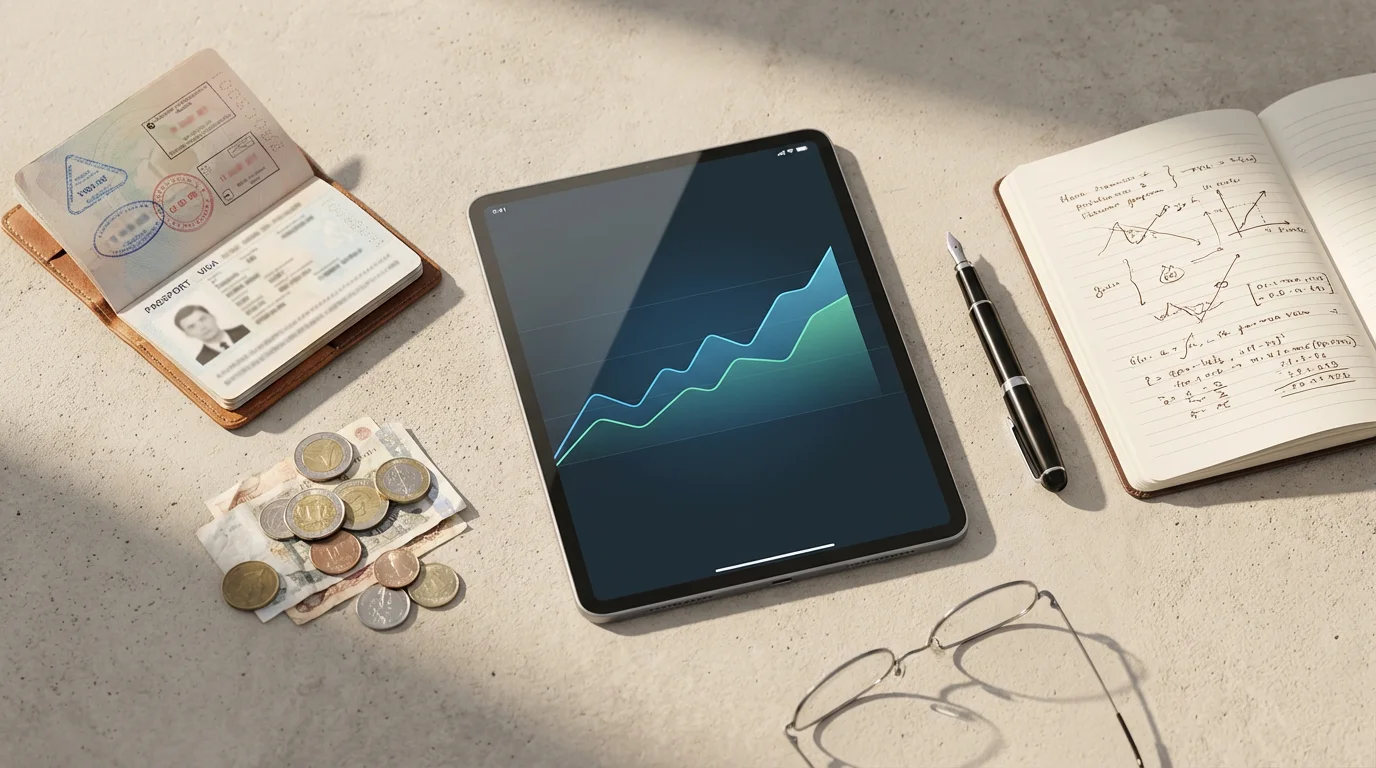 Flat lay of a tablet with financial graphs, a passport, and foreign currency.