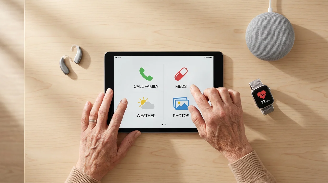 Flat lay of accessible technology including a tablet, smartwatch, and hearing aids for seniors.