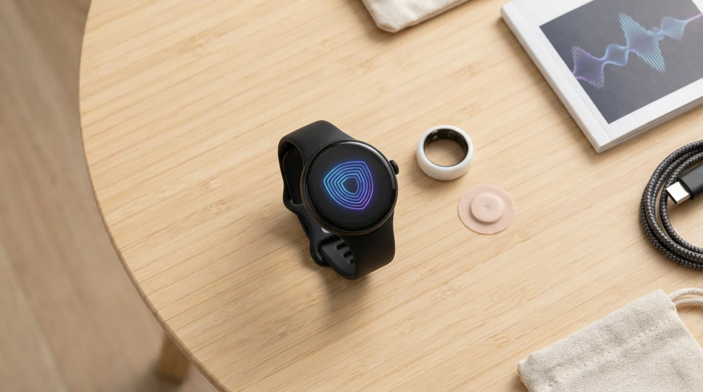 Flat lay of advanced health tech wearables like a smart band and biosensor patch.