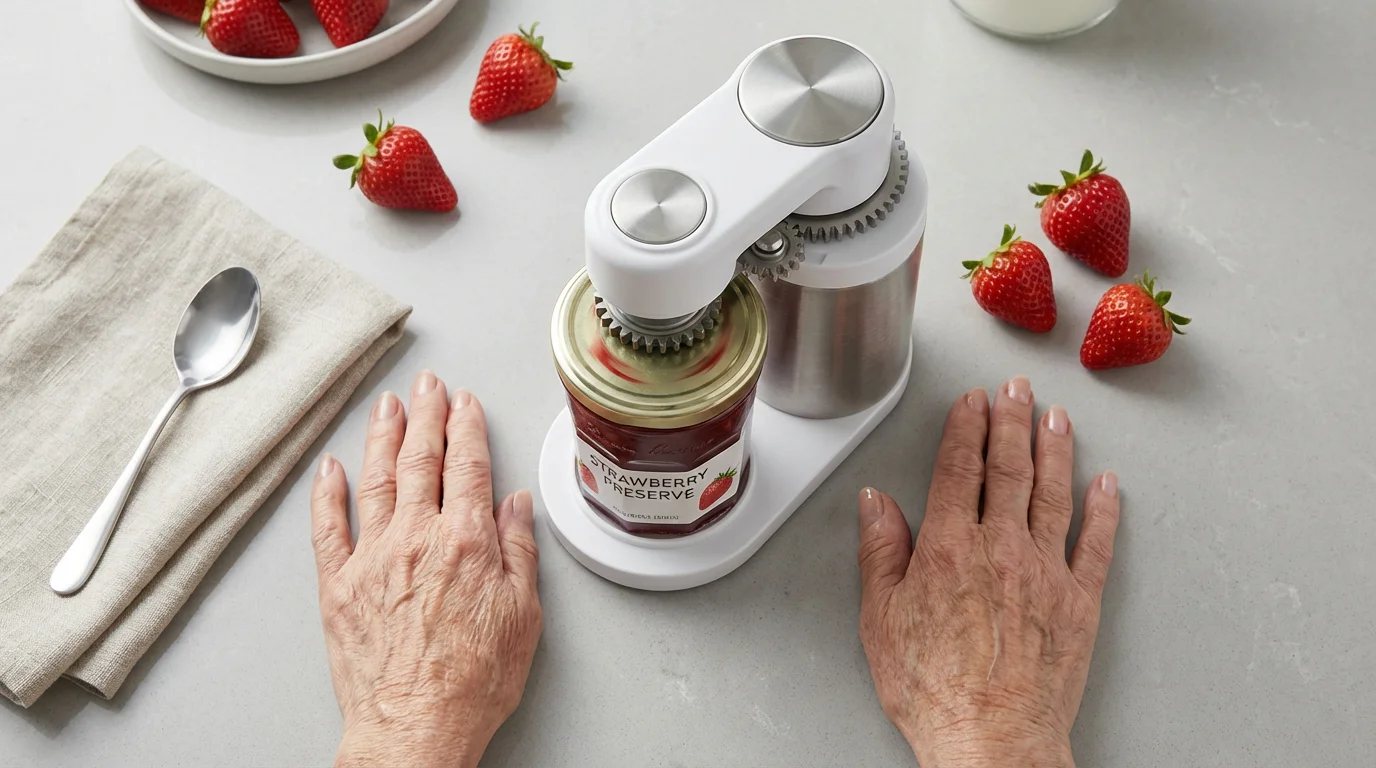 Flat lay of an automatic jar opener twisting a lid on a modern kitchen counter.