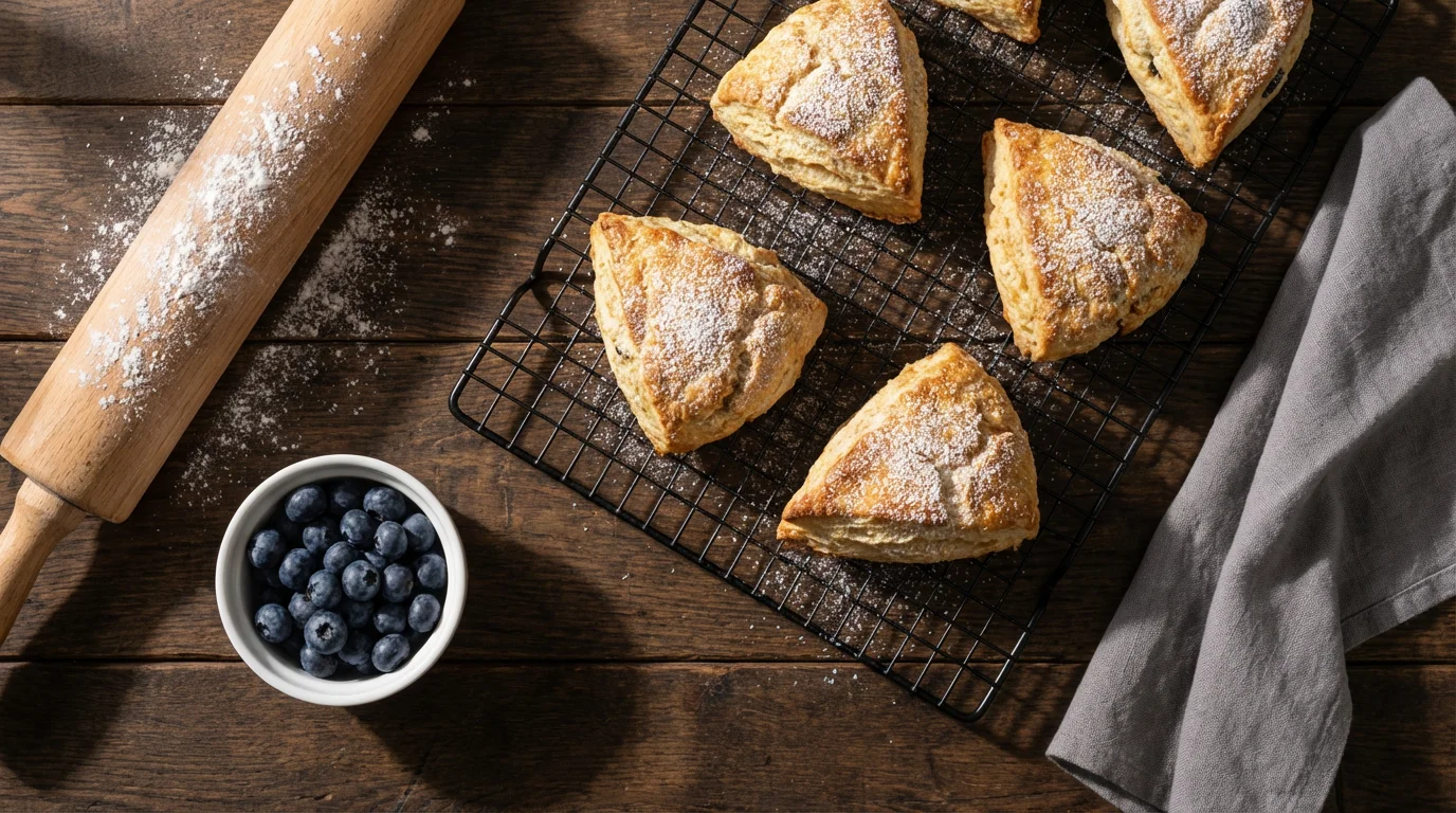 Flat lay of artisanal baked goods and baking tools on a wooden table.