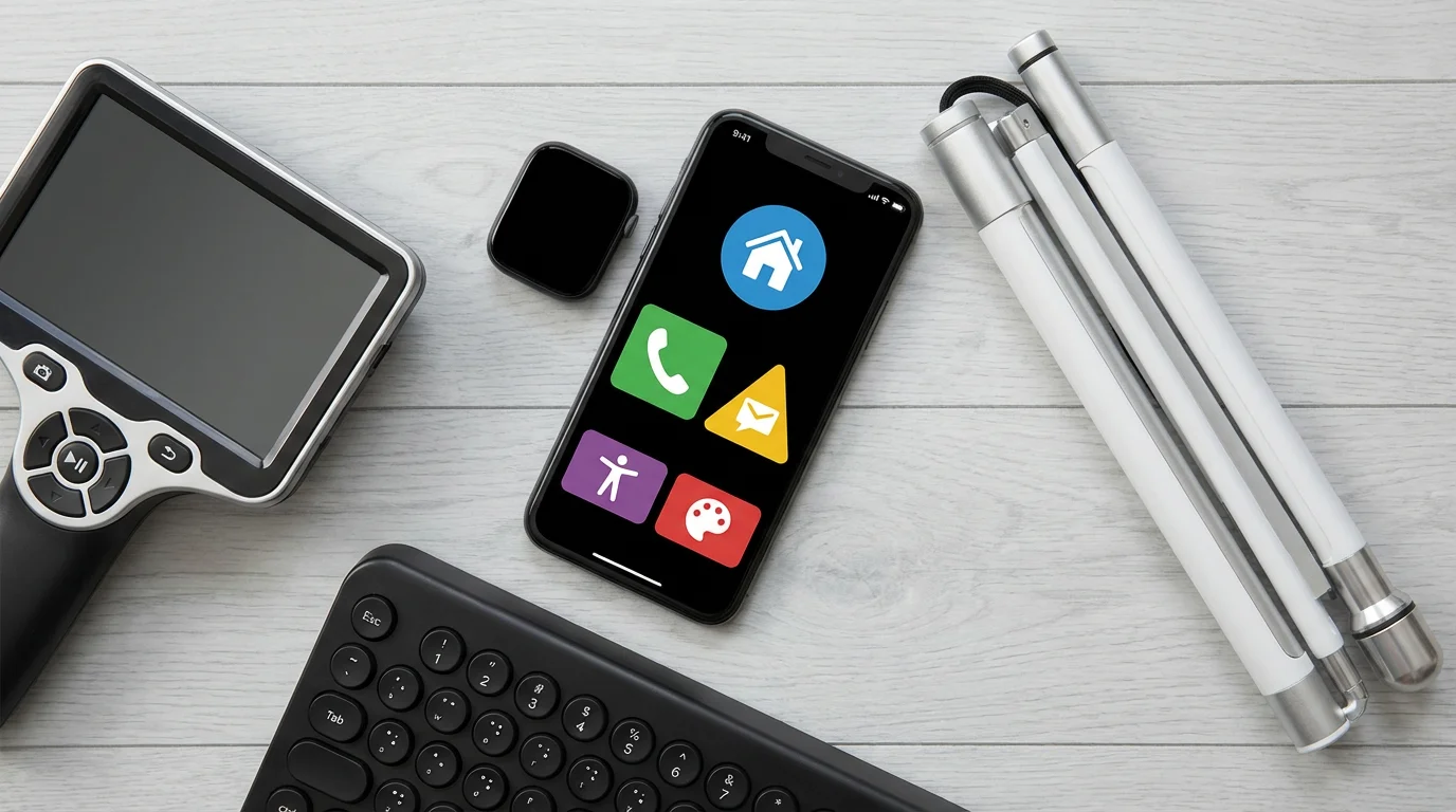 Flat lay of assistive technology for visual impairment including a smartphone and smart cane.
