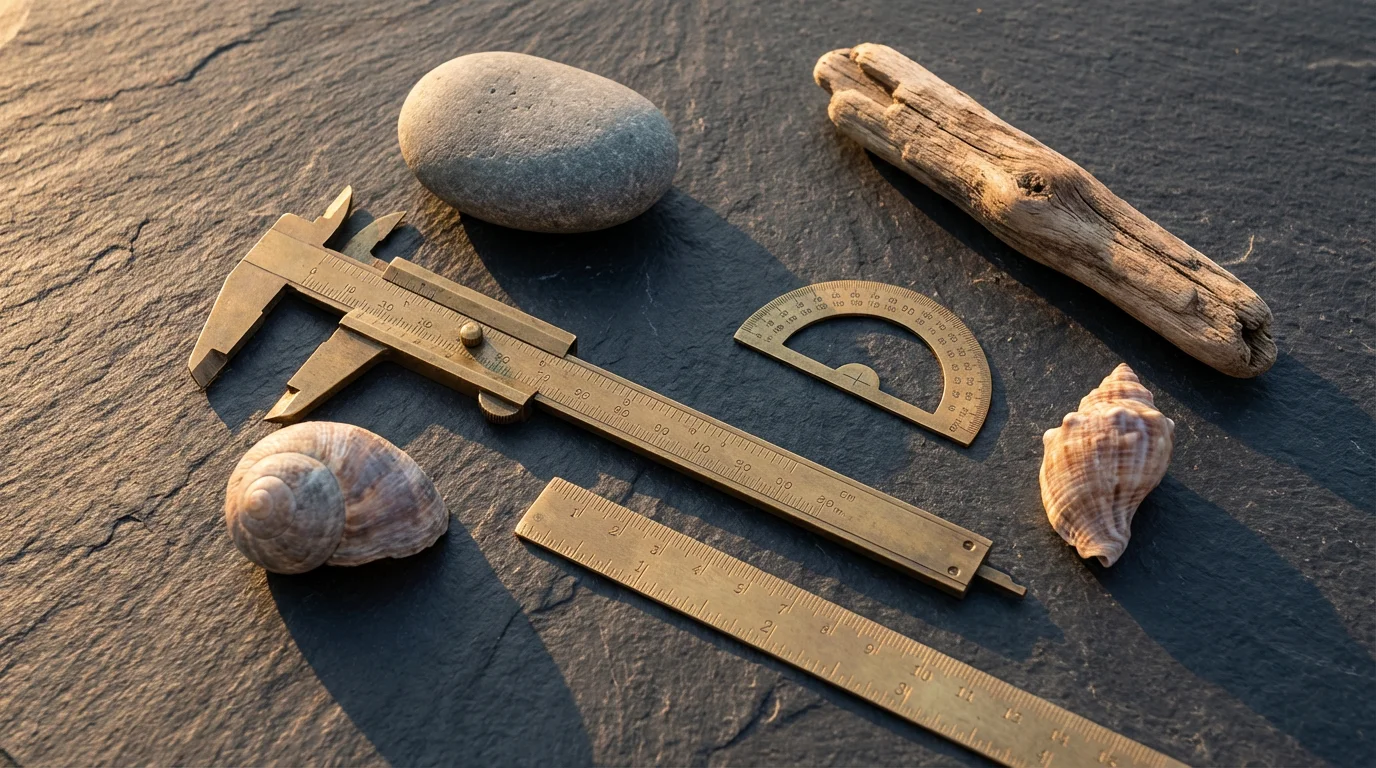 Flat lay of brass measuring tools and unique natural objects on a slate surface.