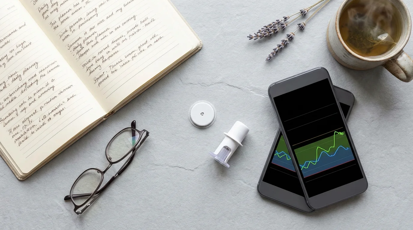 Flat lay of CGM sensor, smartphone with glucose graph, daily planner, and tea.