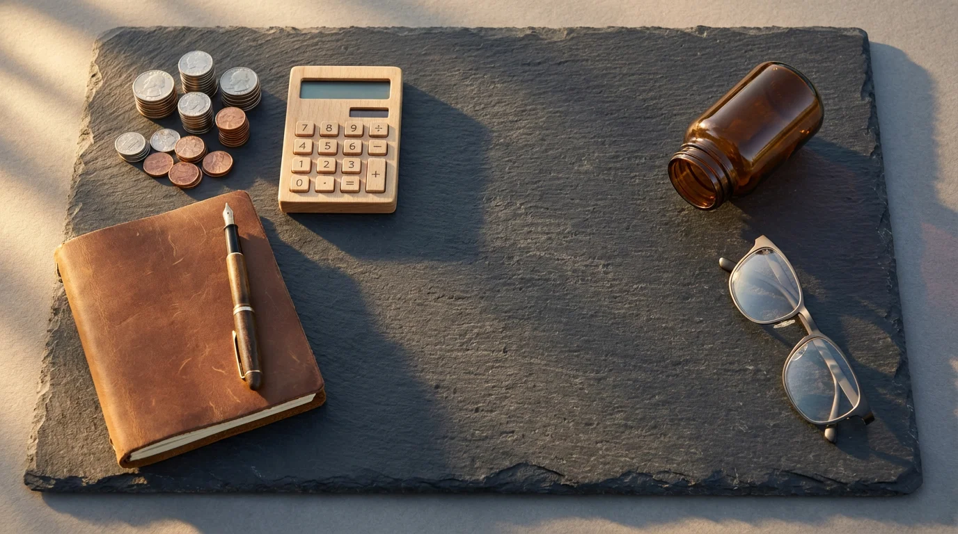 Flat lay of coins, a financial ledger, and an empty pill bottle representing care costs.