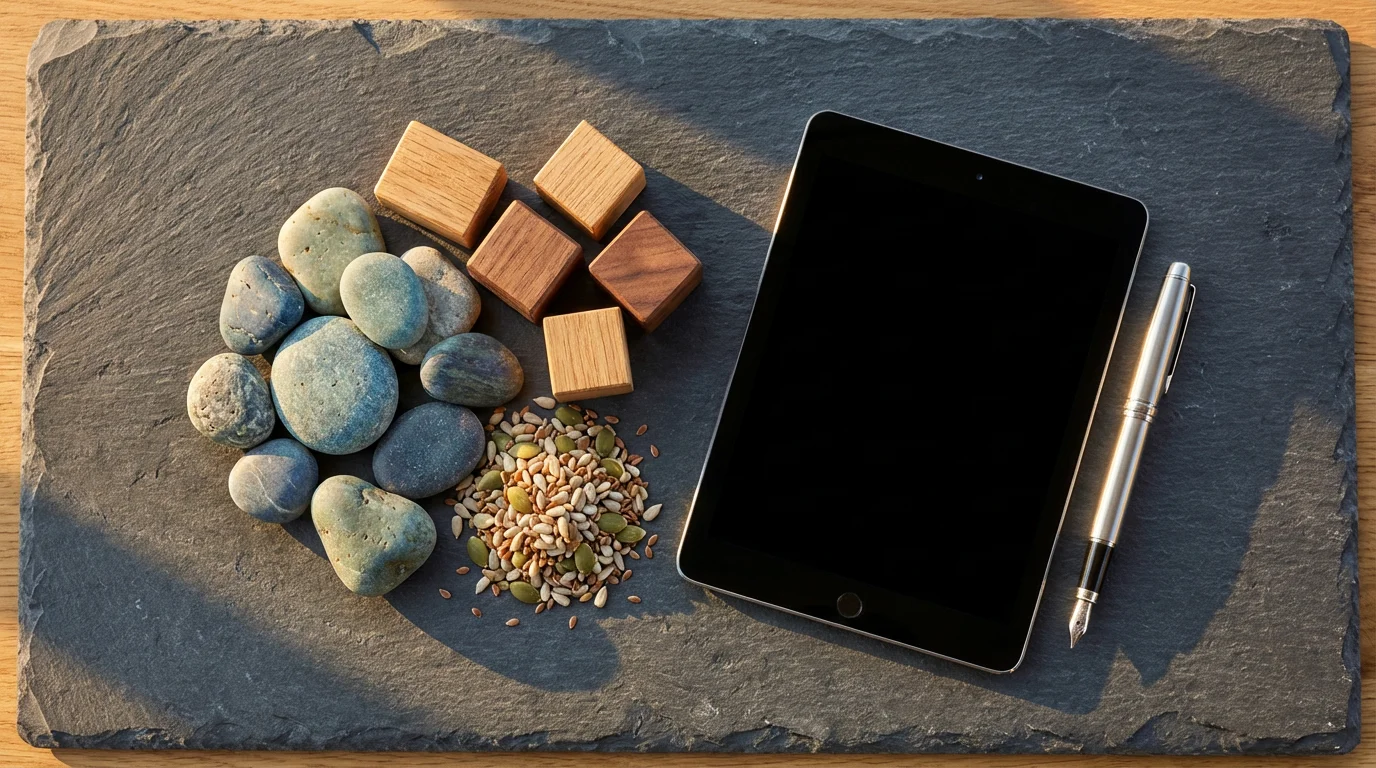 Flat lay of diverse stones, seeds, and wood shapes next to a tablet.