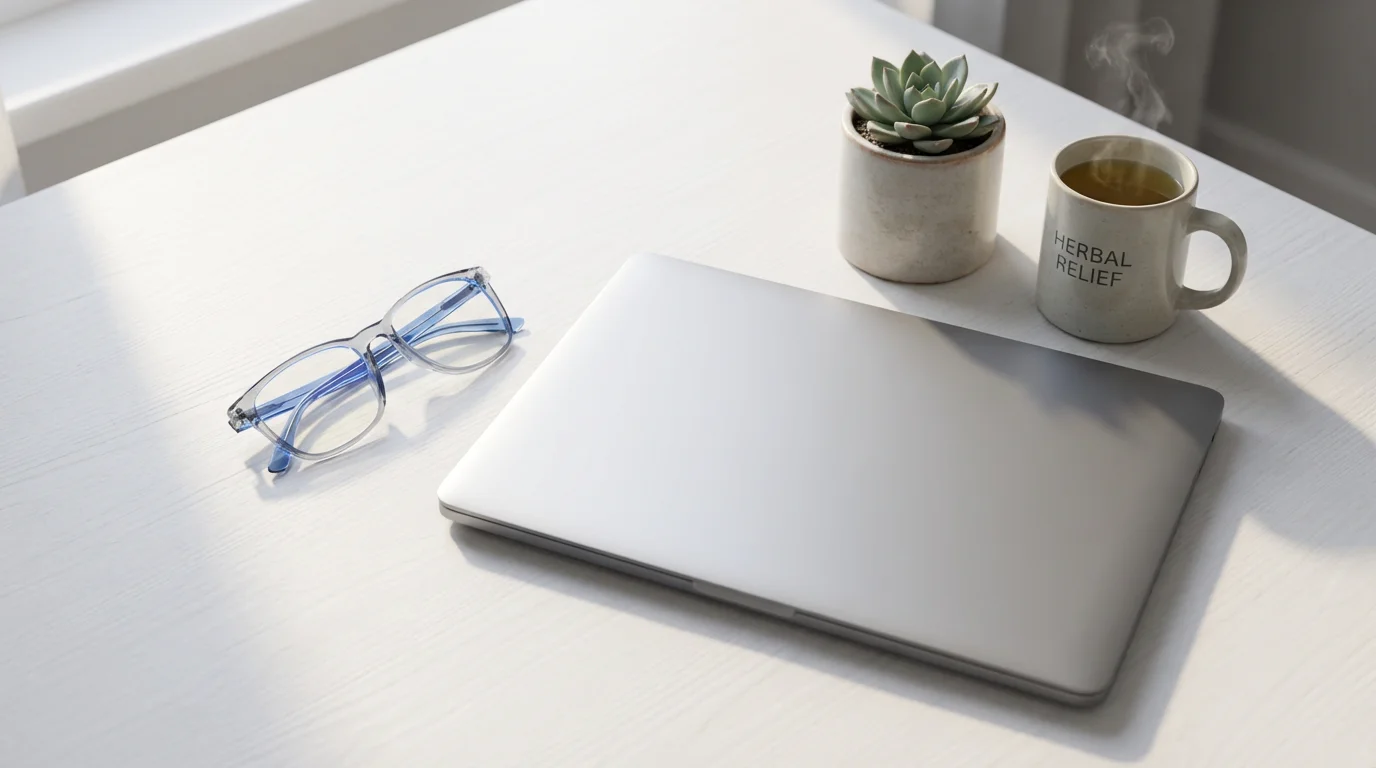 Flat lay of glasses, a closed laptop, and tea, representing a break from screens.