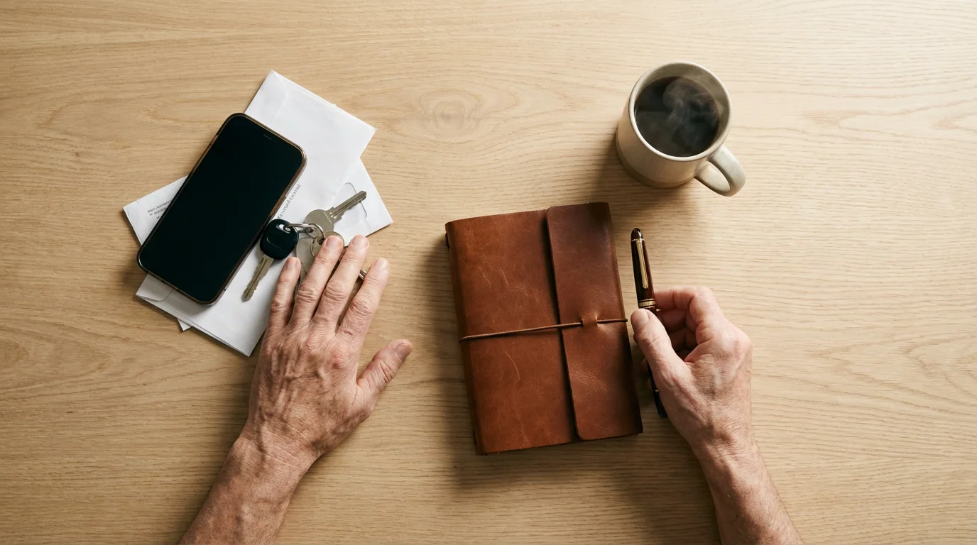 Flat lay of hands on a desk choosing a personal journal over a smartphone.