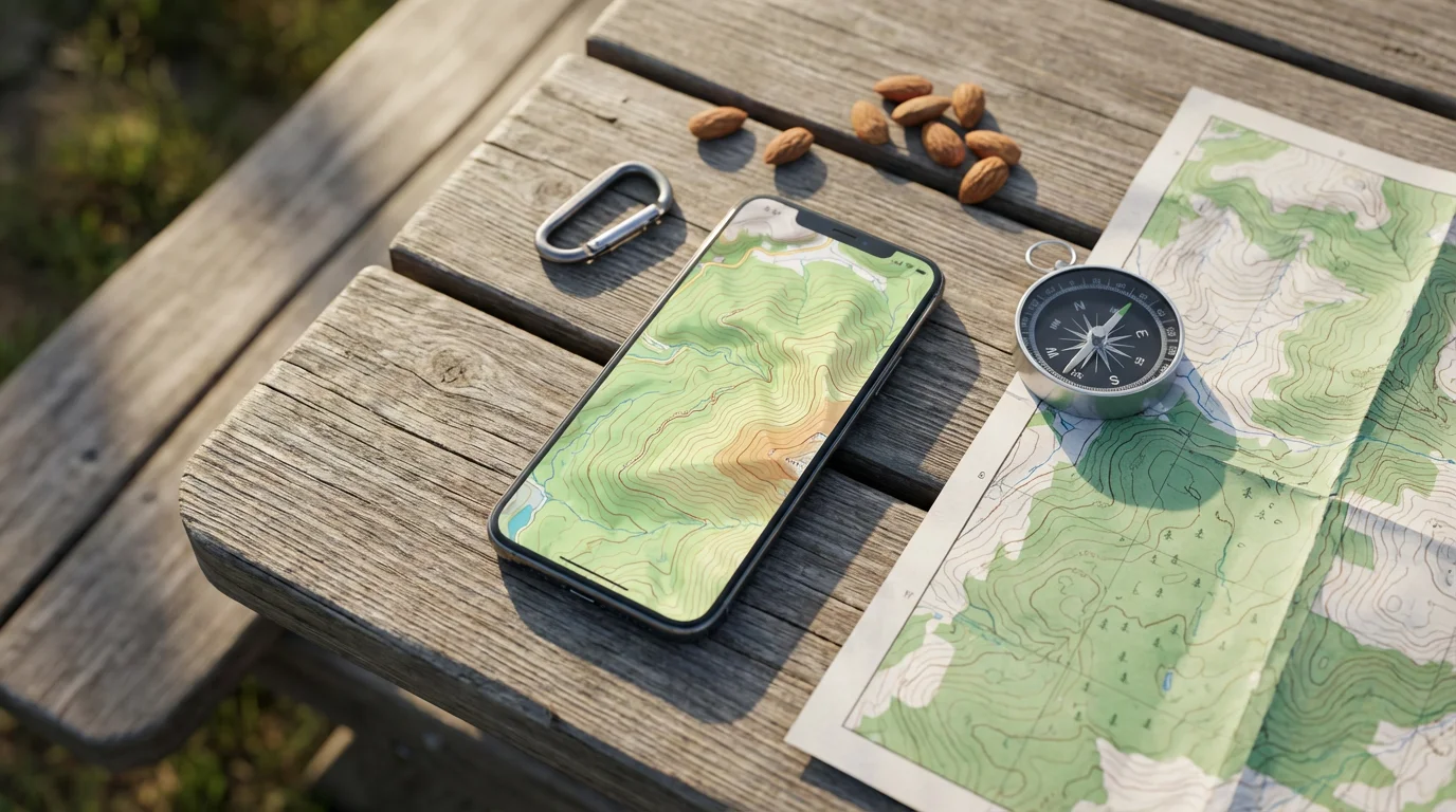 Flat lay of hiking planning tools: a smartphone with a map, a compass, and a paper map.