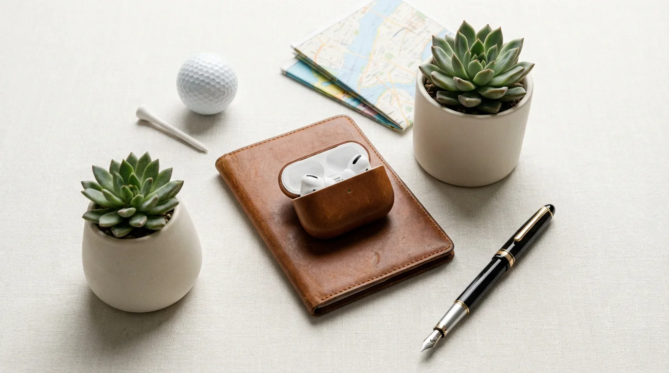 Flat lay of items representing retirement lifestyle upgrades like travel, hobbies, and technology.