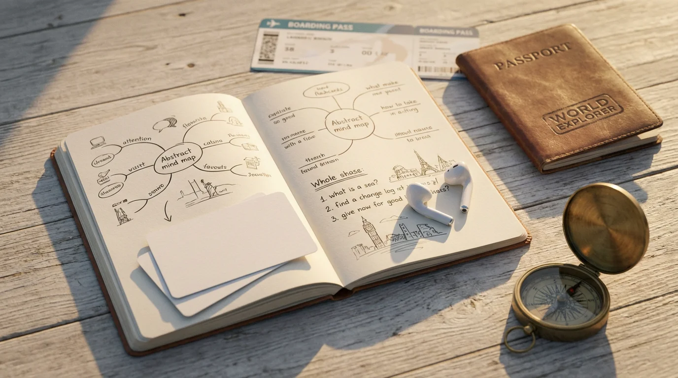 Flat lay of language study notebook and headphones next to a passport and compass.