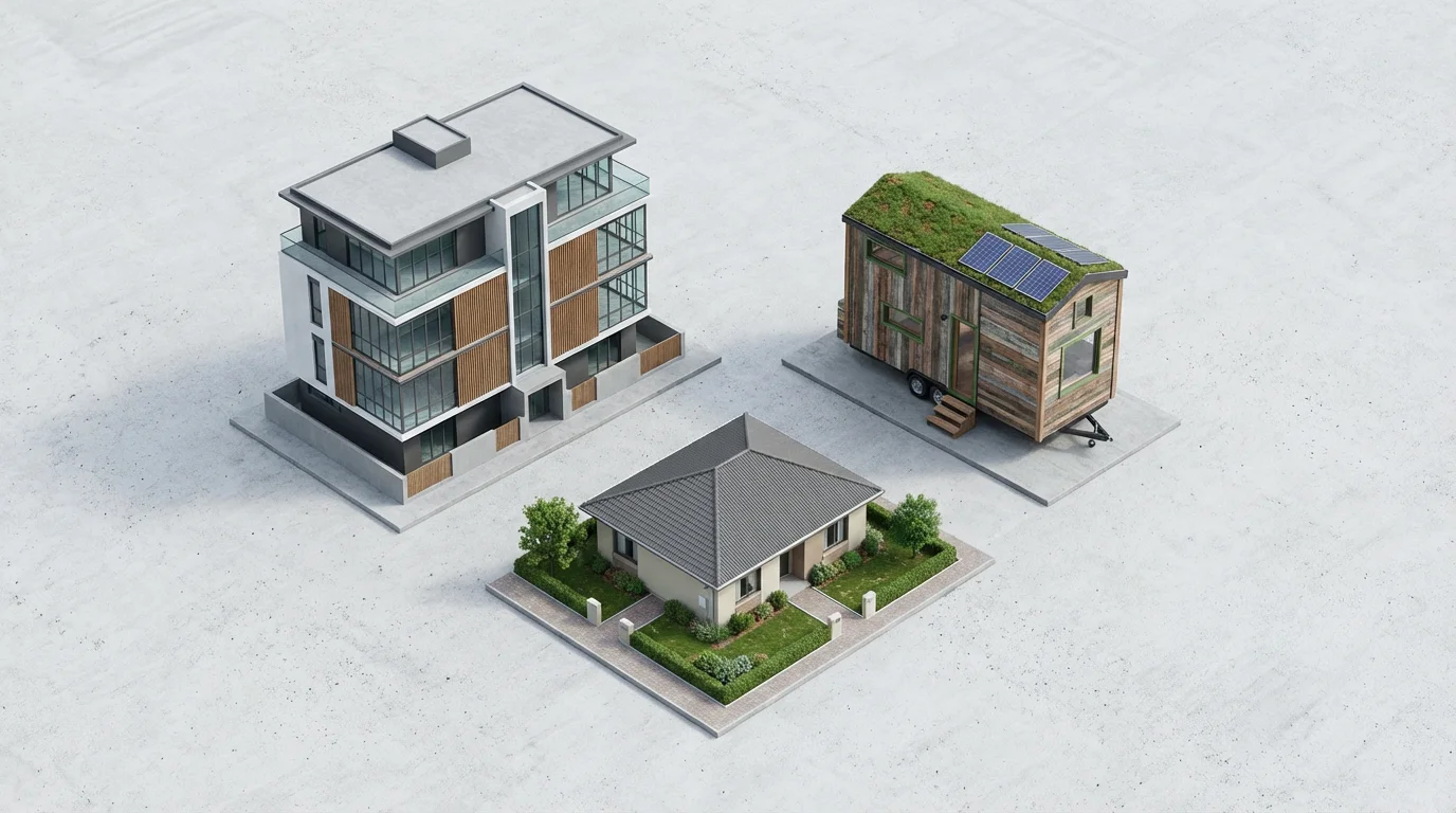 Flat lay of miniature architectural models showing diverse retirement housing options on a concrete background.