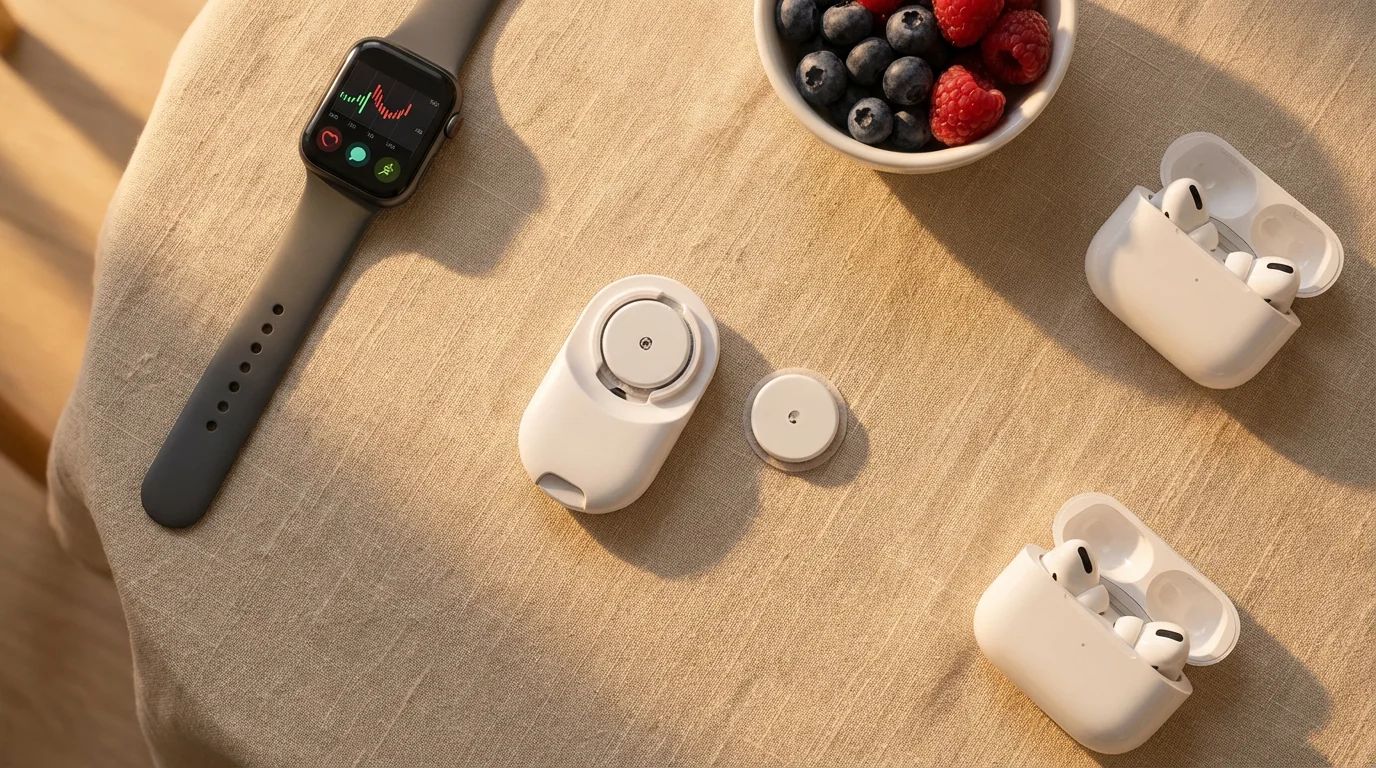 Flat lay of modern CGM sensors with a smartwatch and a healthy berry snack.
