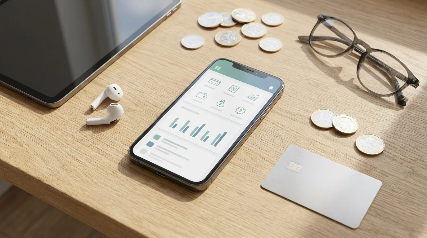 Flat lay of modern retirement planning tools, including a smartphone and tablet, on a desk.