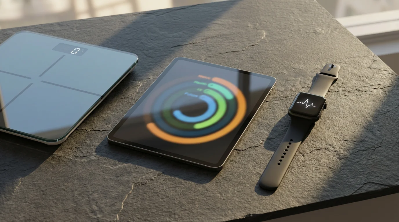 Flat lay of remote health monitoring devices like a tablet and smart scale.