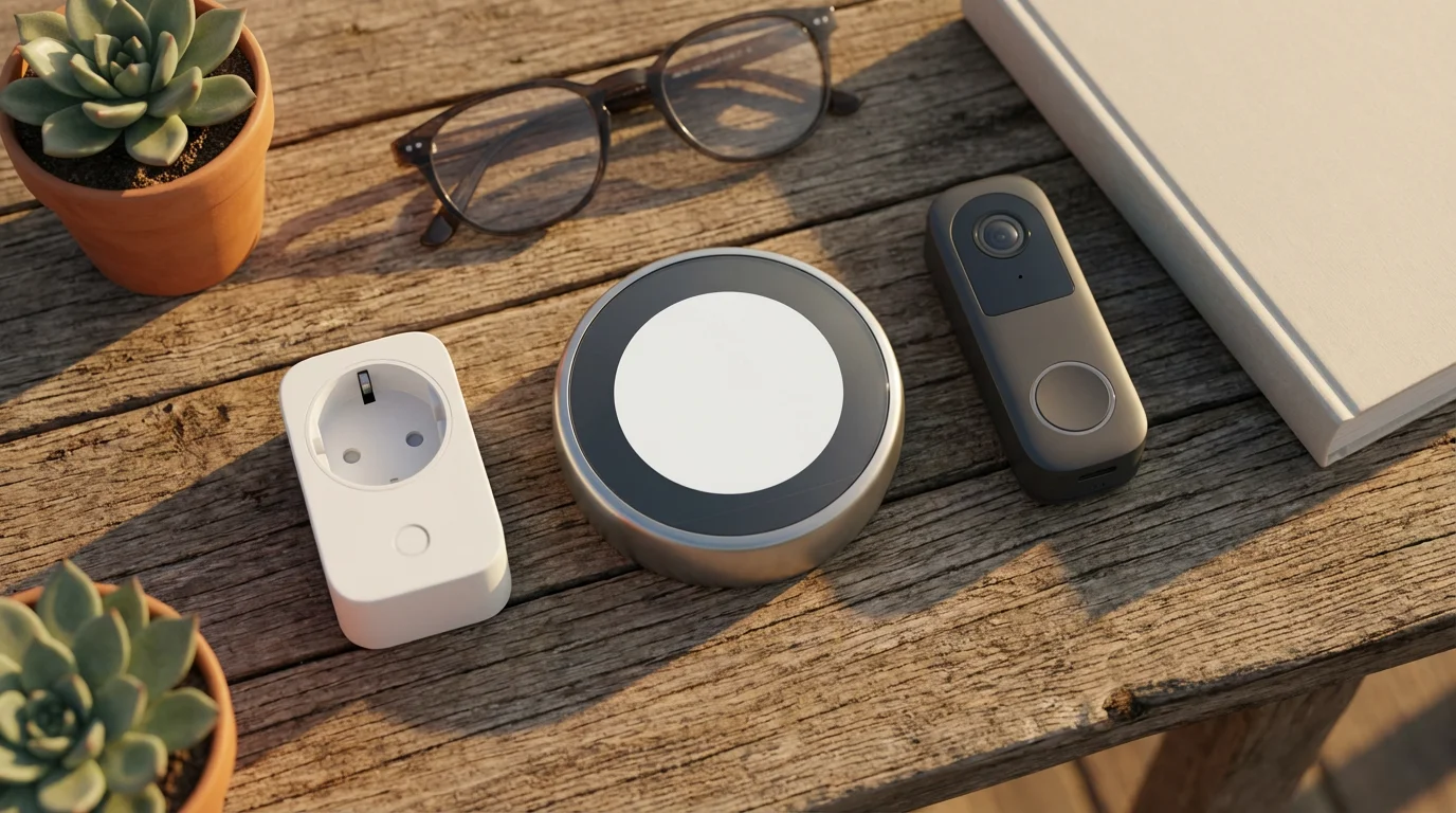 Flat lay of smart home devices for retirees, including a thermostat and video doorbell.