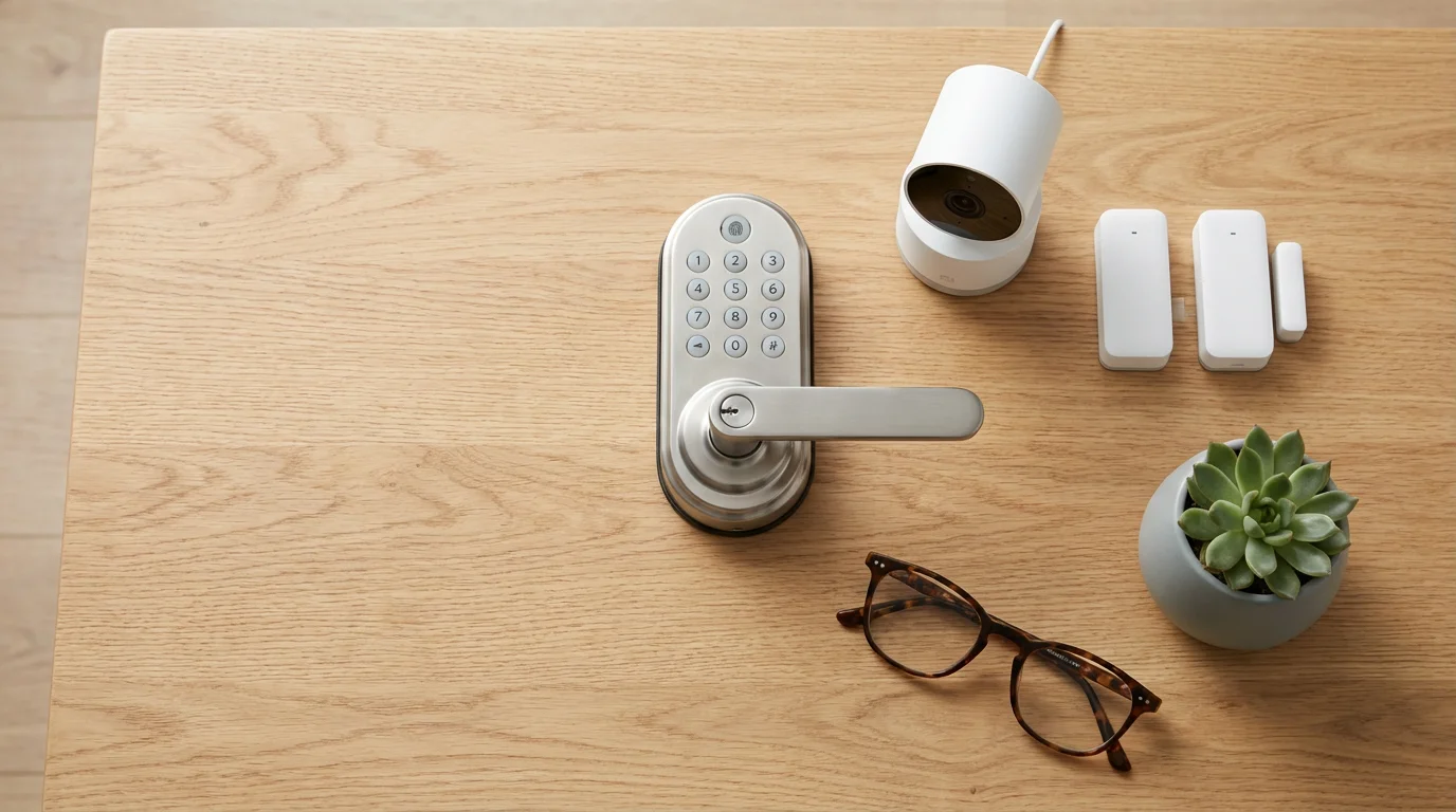 Flat lay of smart home security devices including a smart lock and camera.