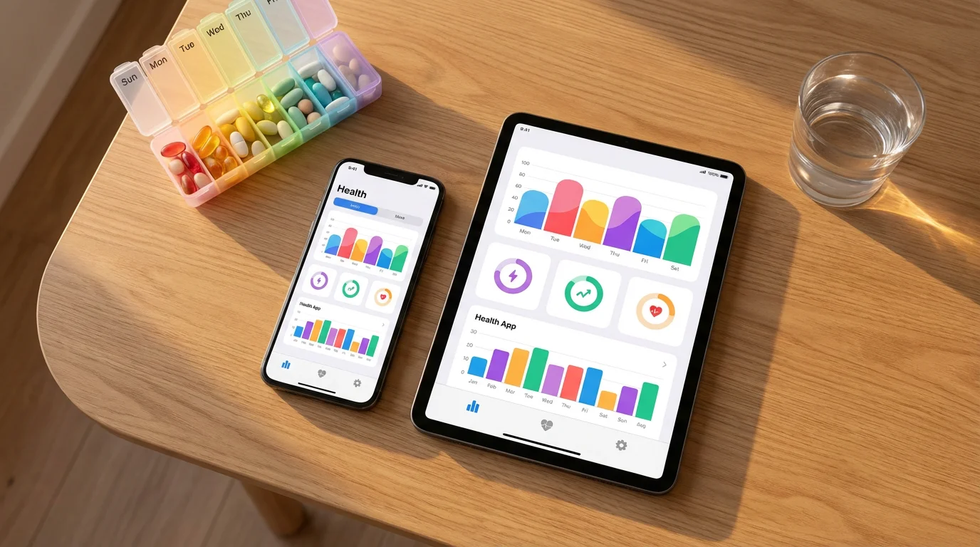 Flat lay of smartphone, tablet, and pill organizer for digital health management at sunset.
