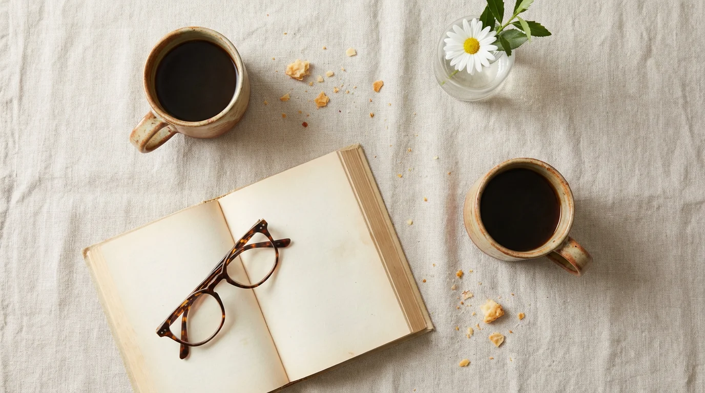 Flat lay of two coffee mugs, an open book, and a flower, symbolizing social connection.