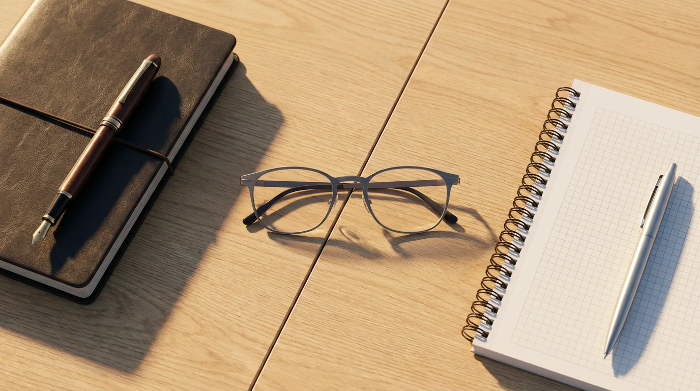 Flat lay with eyeglasses and two different notebooks representing a financial planning choice.