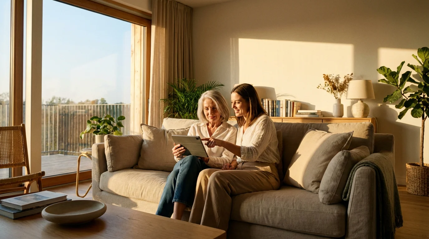 Granddaughter patiently shows her grandmother how to use a tablet in a sunlit home.