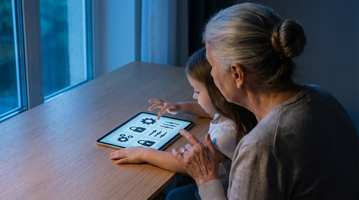 Grandmother teaching her granddaughter about online privacy and safety settings on a tablet together.