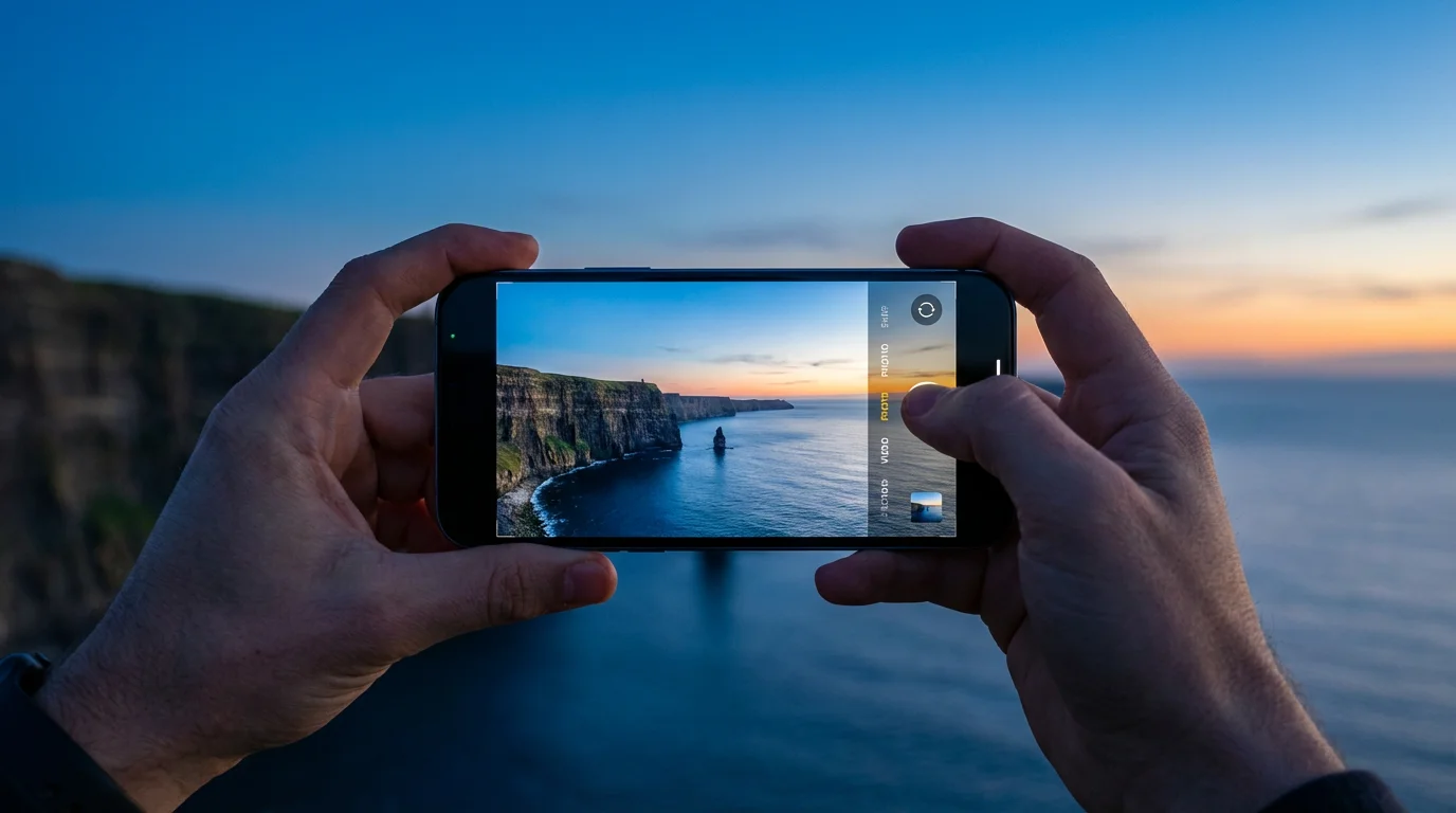Hands holding a smartphone to photograph a dramatic coastal landscape during blue hour.