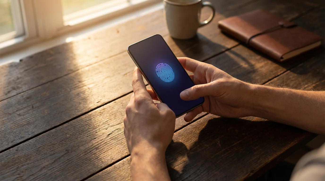 Hands holding a smartphone with a fingerprint security icon on a moody, shadowy desk.