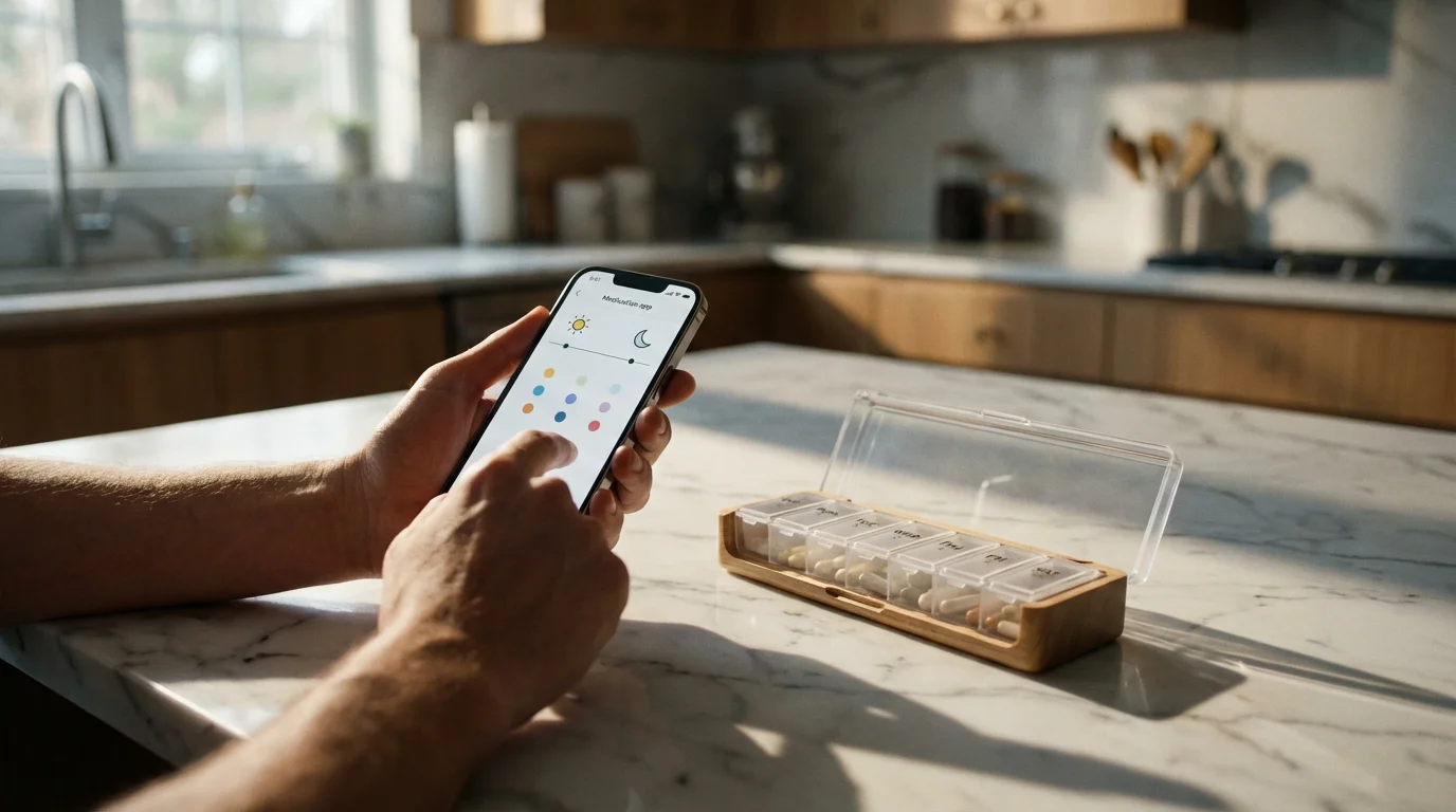 Hands holding a smartphone with a medication app next to a weekly pill organizer.