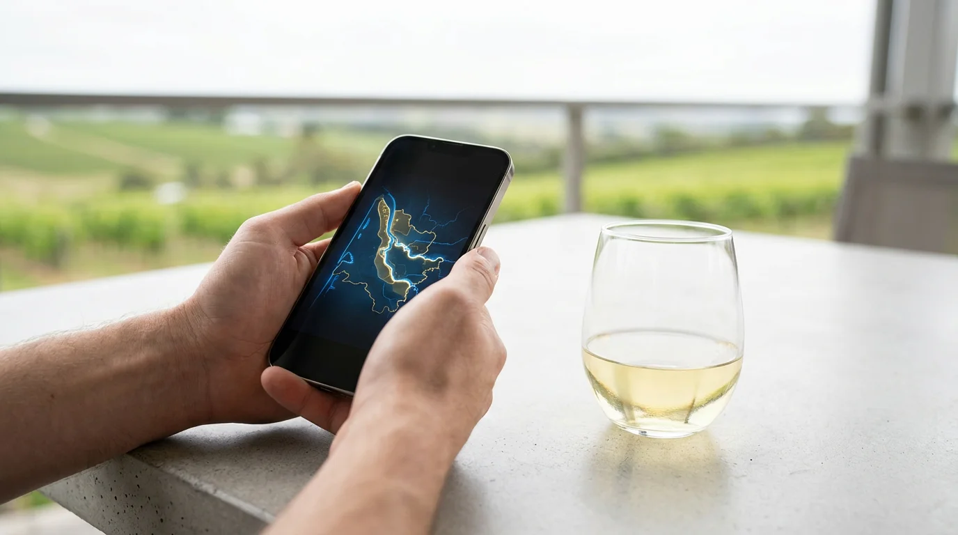 Hands holding a smartphone with a wine region map next to a glass of wine.