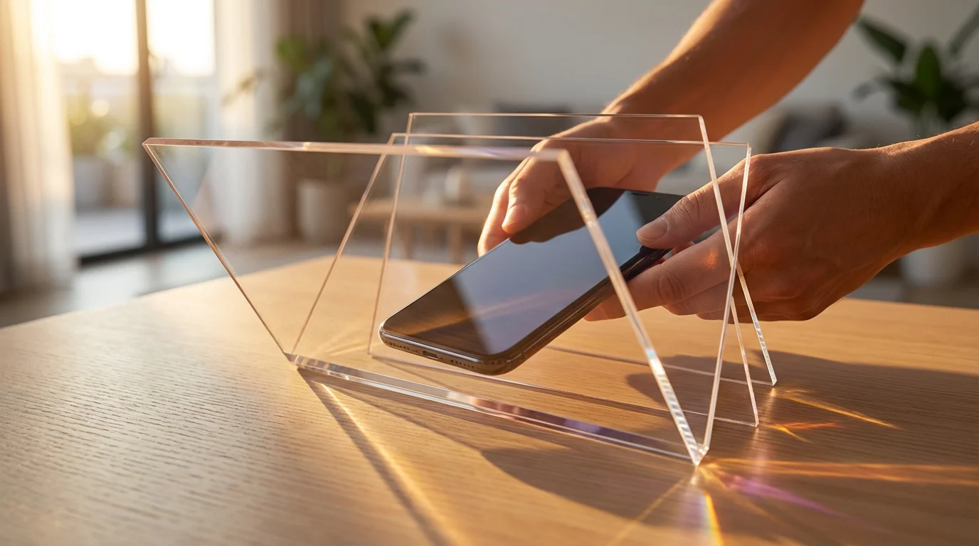 Hands layering transparent sheets in front of a smartphone, symbolizing online privacy and security.