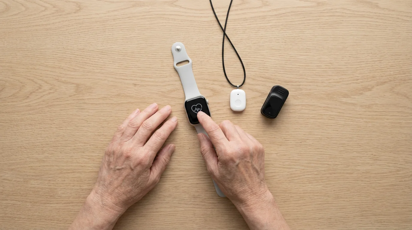 Hands of an older person choosing from various fall detection wearable devices.