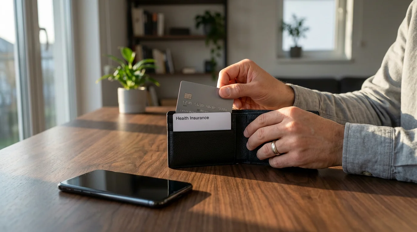 Hands placing a credit card and health card into a wallet on a desk.