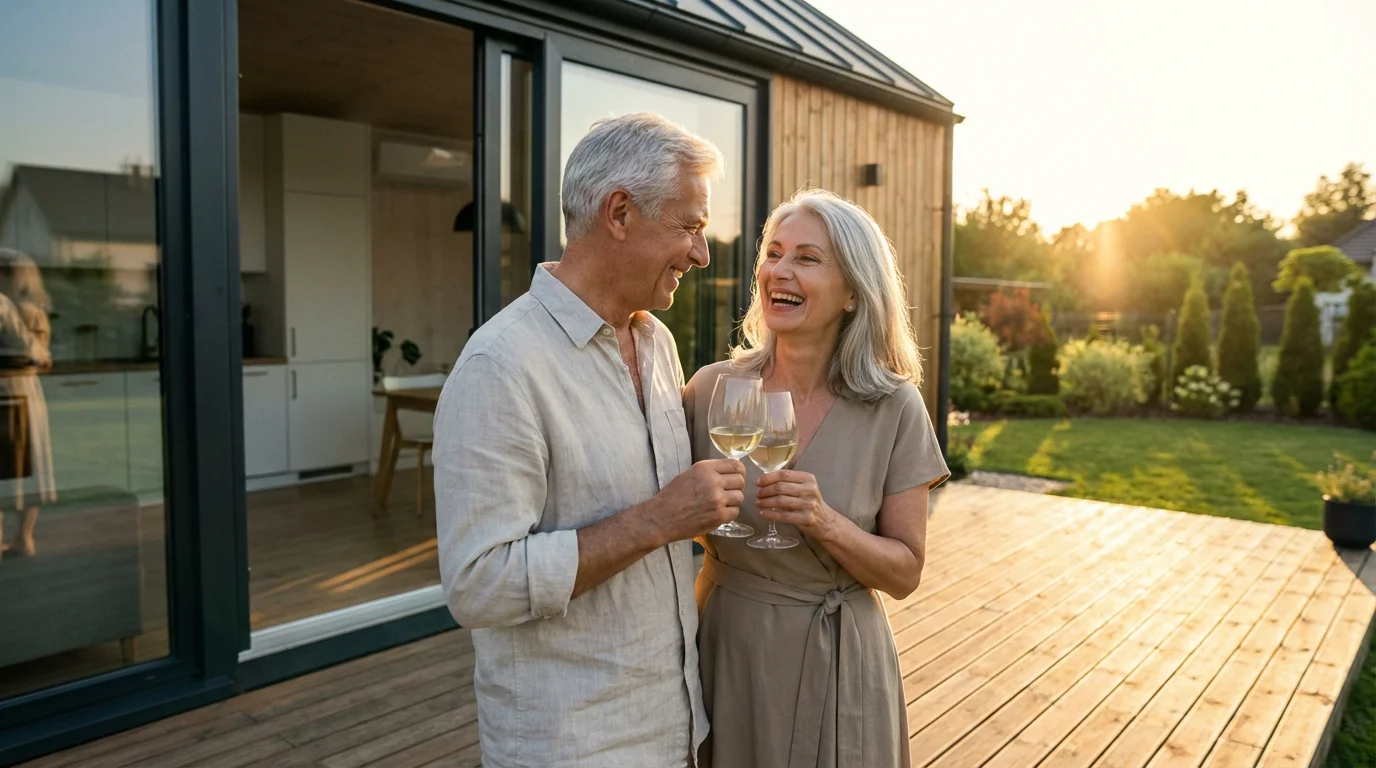 Happy retired couple enjoying wine on their modern home's deck at golden hour.