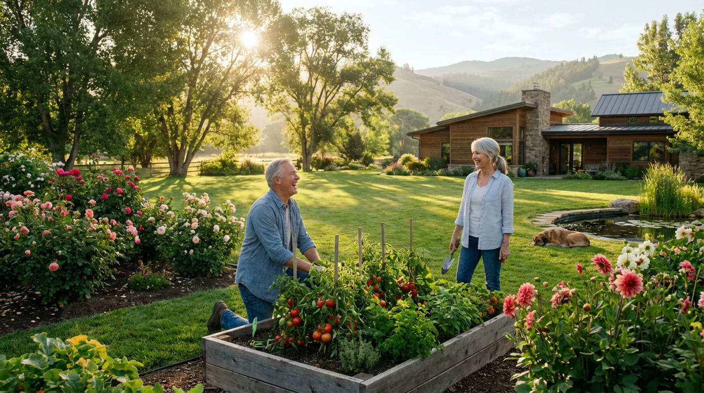 Healthy older couple gardening together in their beautiful backyard on a sunny morning.