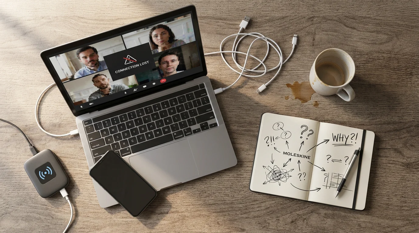 High angle flat lay of a messy work desk with a glitched laptop.