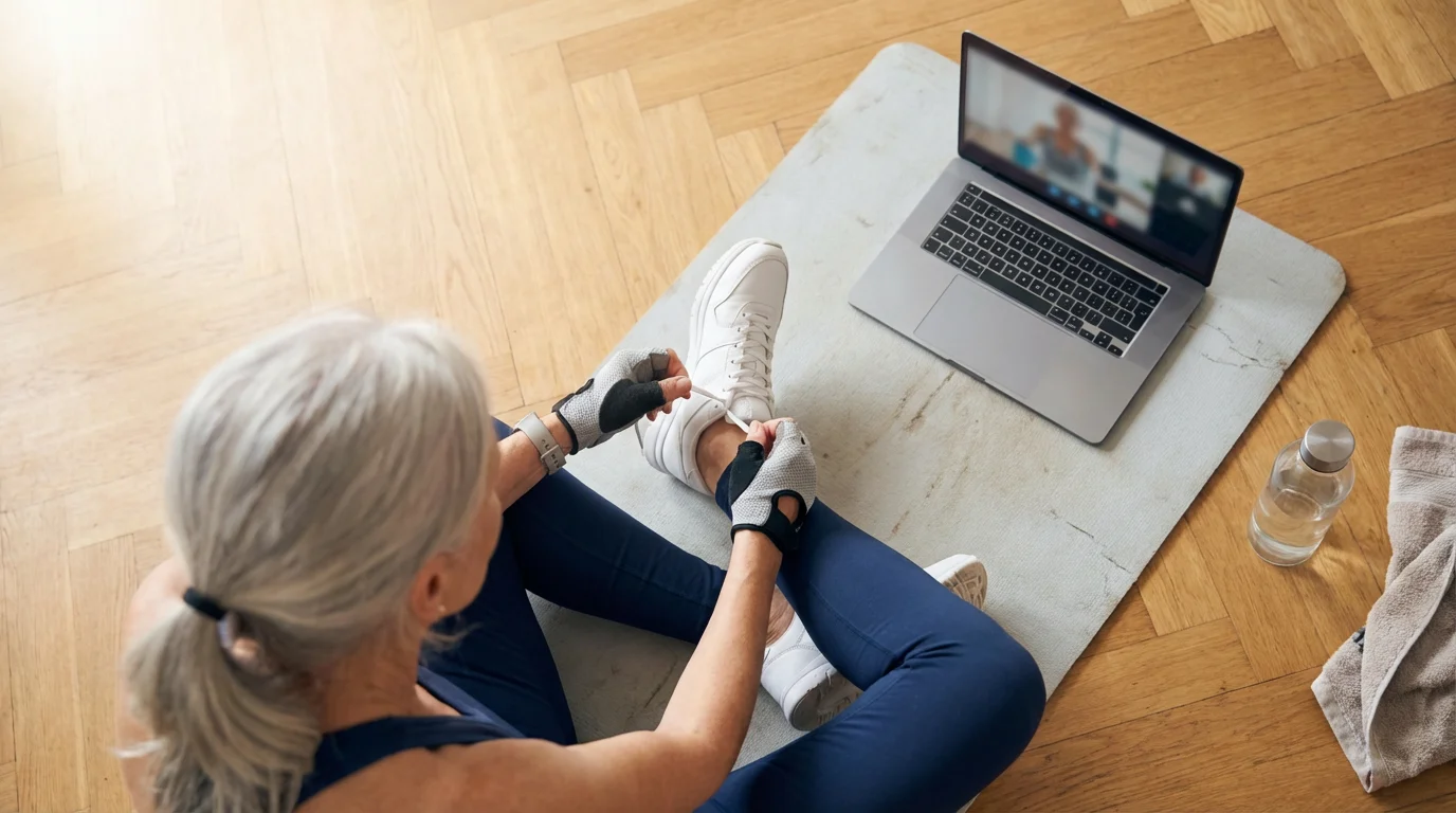 High-angle flat lay of a senior woman tying her athletic shoes on a yoga mat.