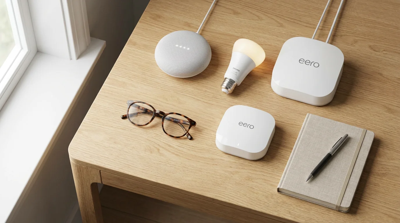 High angle flat lay of a smart speaker, bulb, and router on a desk.