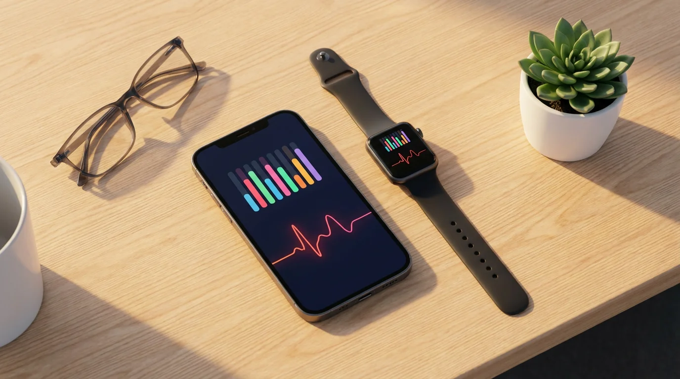 High-angle flat lay of a smartphone and smartwatch showing synchronized health data at golden hour.
