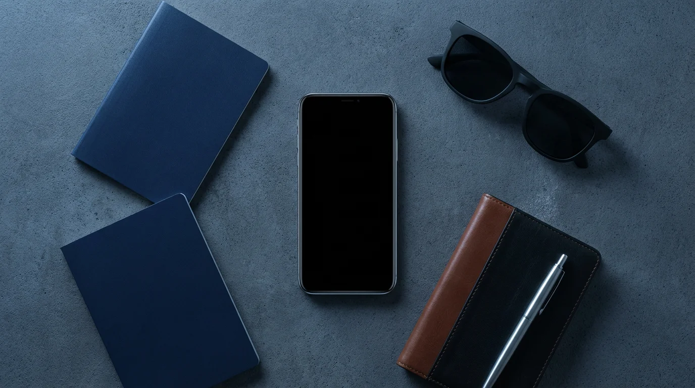 High angle flat lay of a smartphone, passport, notebook, and sunglasses at dusk.