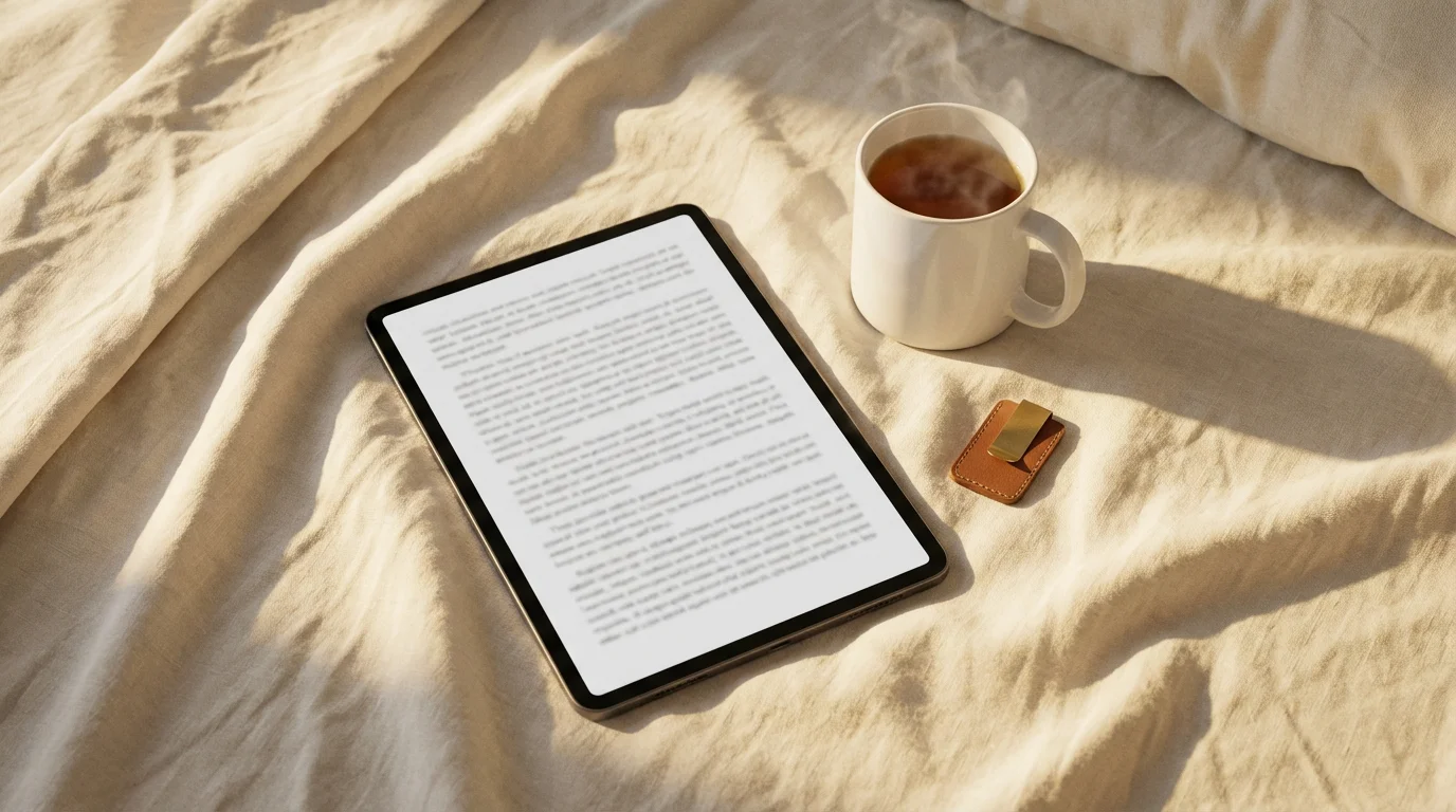 High angle flat lay of a tablet for e-reading on a cozy bed during golden hour.