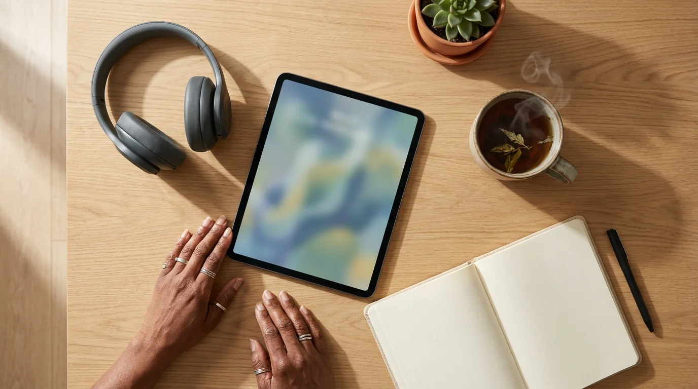 High angle flat lay of a tablet, headphones, journal, and tea for modern telemedicine.