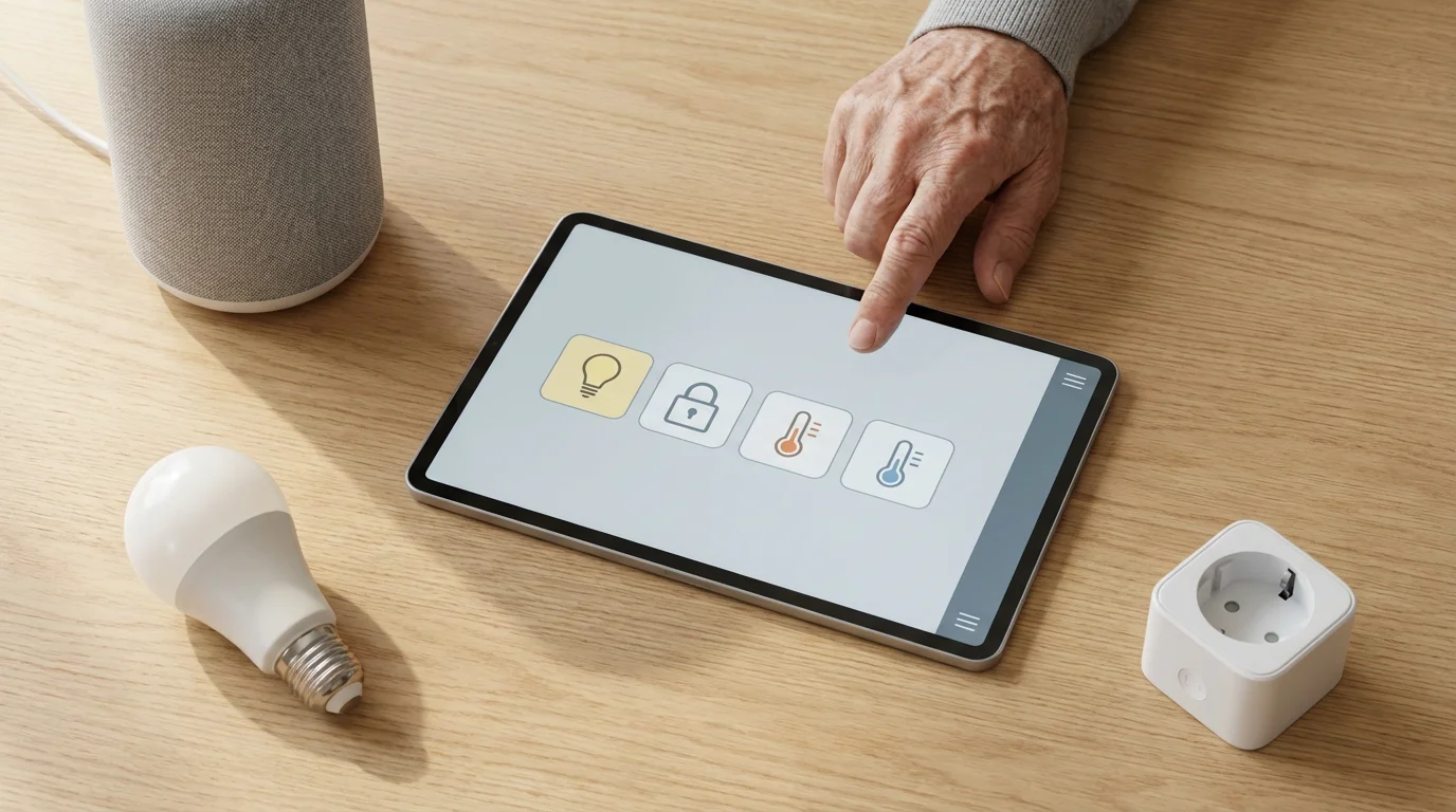 High angle flat lay of accessible smart home devices and a senior's hand.