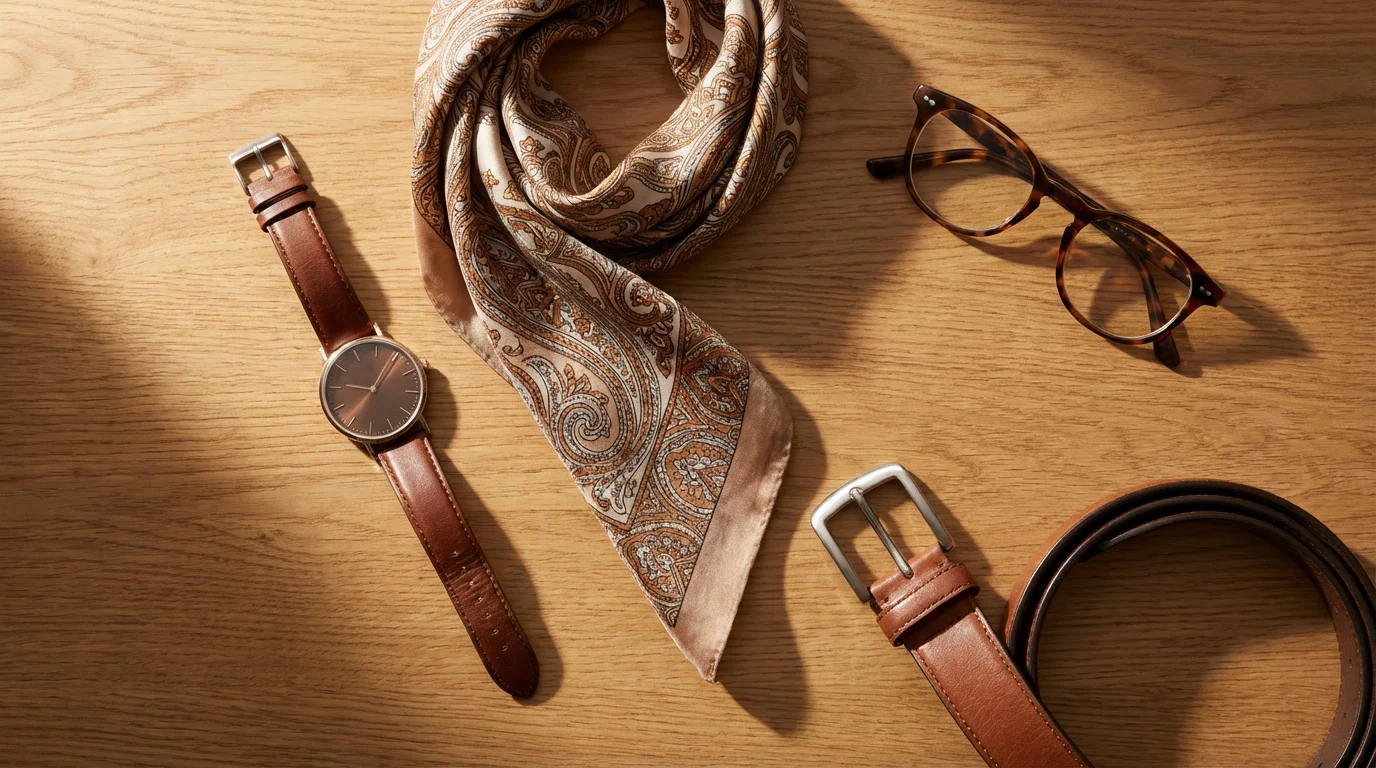 High angle flat lay of elegant personal accessories including a watch, glasses, and scarf.
