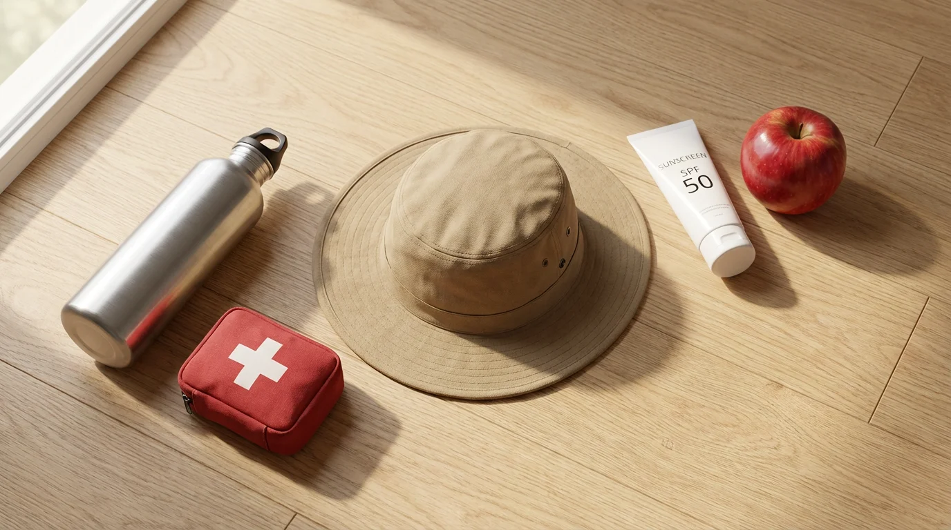 High angle flat lay of hiking safety gear including a hat, water, and first-aid.