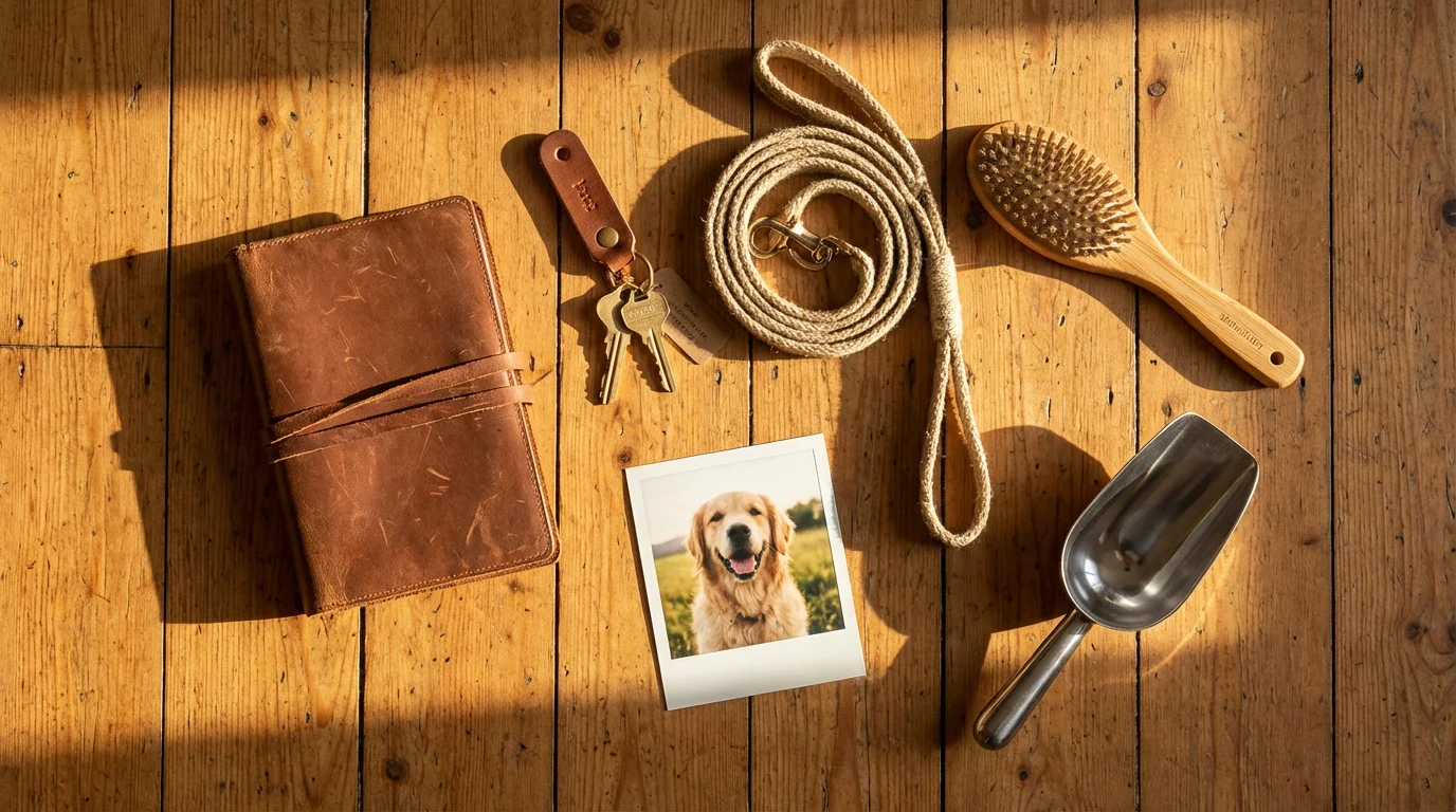 High angle flat lay of house-sitting essentials like keys, a leash, and house manual.